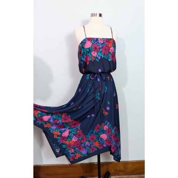 70s Blue Floral Spaghetti Strap Dress with Berries - Picture 3 of 7
